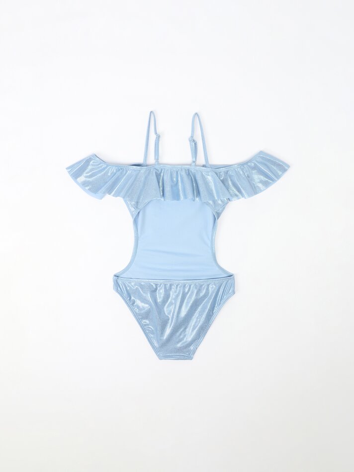 Conjunto de biquíni brilhante com babados e elástico de cabelo - Azul Marinho Escuro