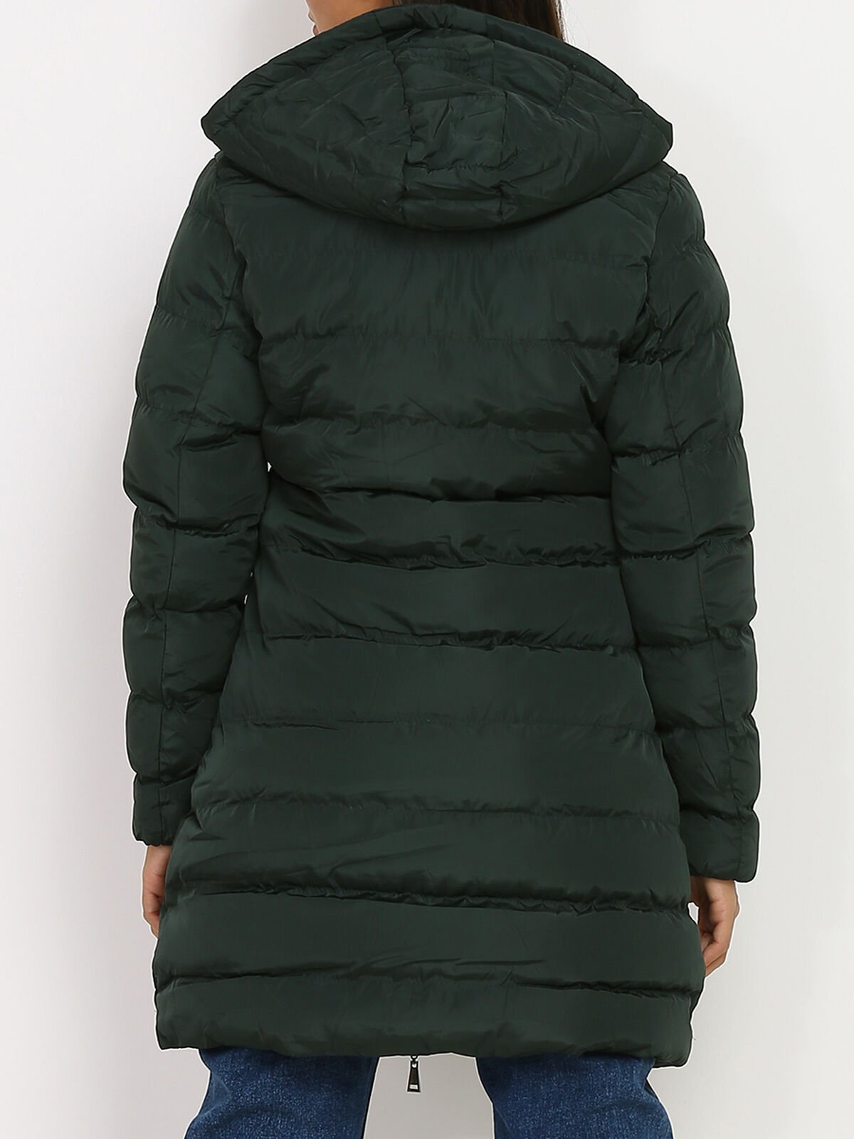 Manteau mi-long matelassé à capuche- Vert foncé