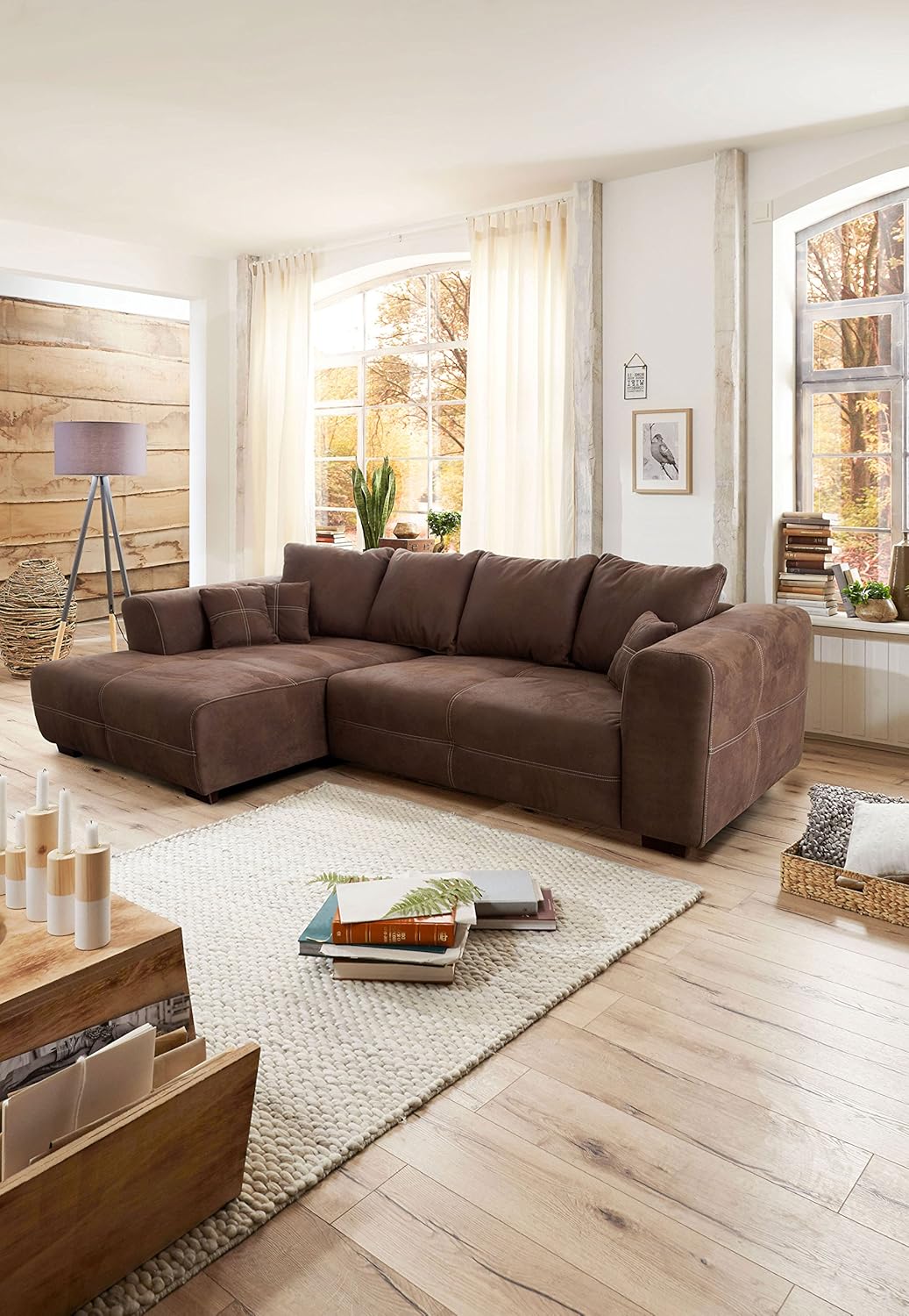 Cavadore Ecksofa Mavericco / XXL Eckcouch Inkl. Rückenkissen und Zierkissen / Longchair links / Industrial Style / 285 x 69 x 170 (BxHxT) / Mikrofaser Braun
