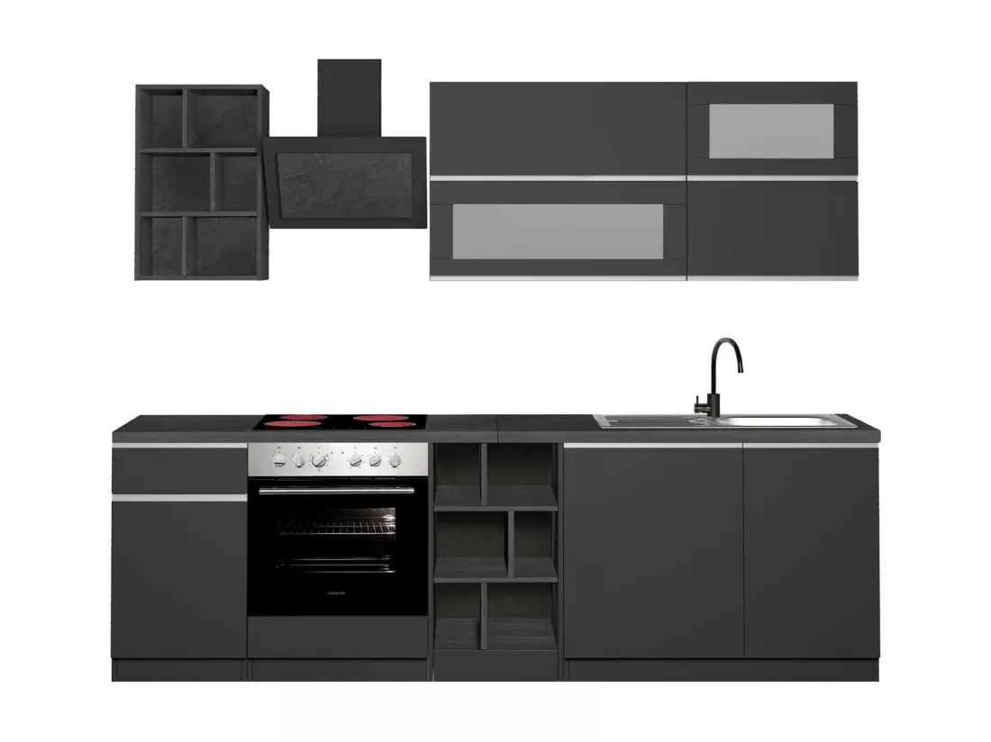 Cuisine complète Dcastill, Ensemble avec garde-manger, Meuble de kitchenette, Kit bloc linéaire, 100% Made in Italy, 255x60h85 cm, Anthracite et Ardoise