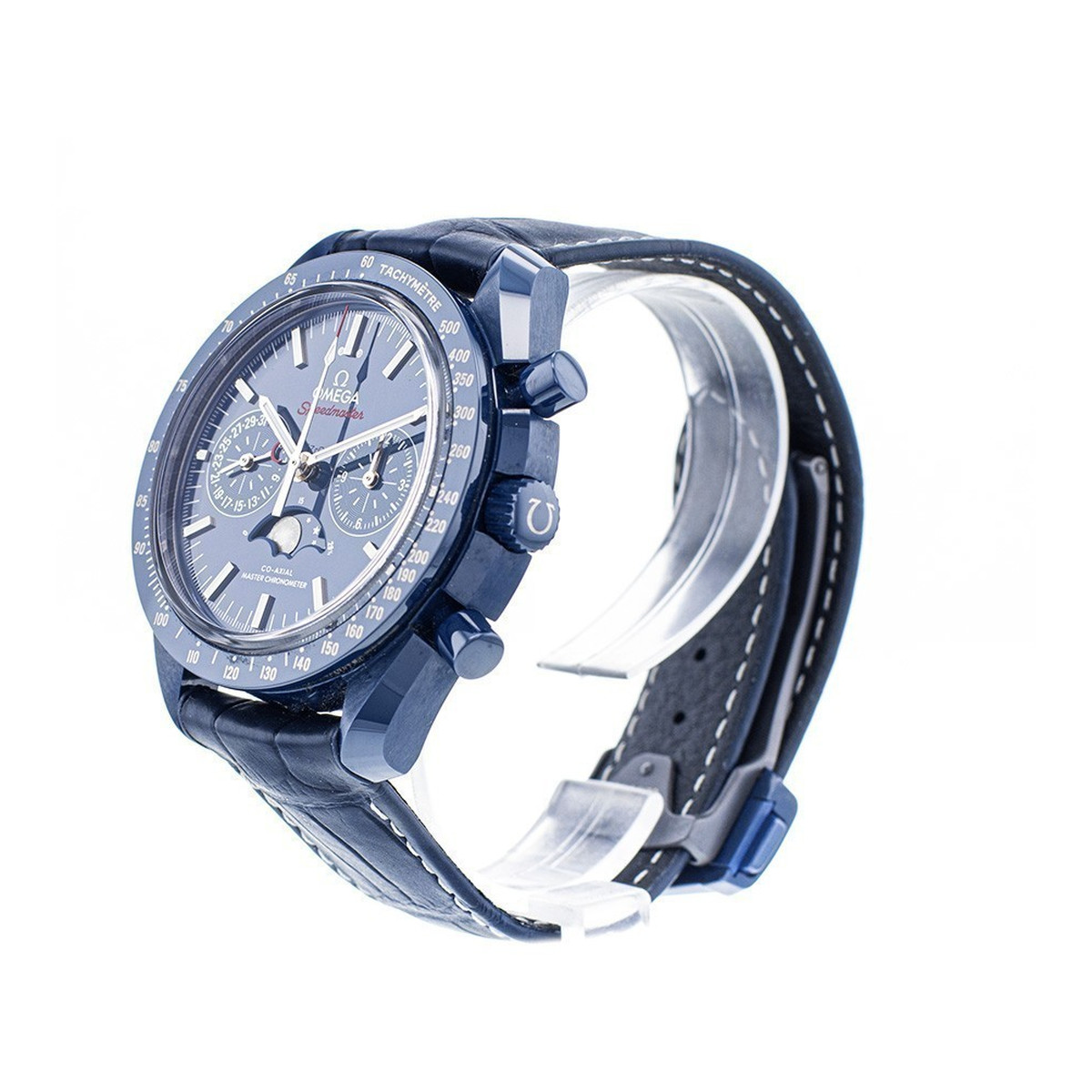 Montre d'occasion Omega Speedmaster homme chronographe automatique céramique bracelet cuir bleu