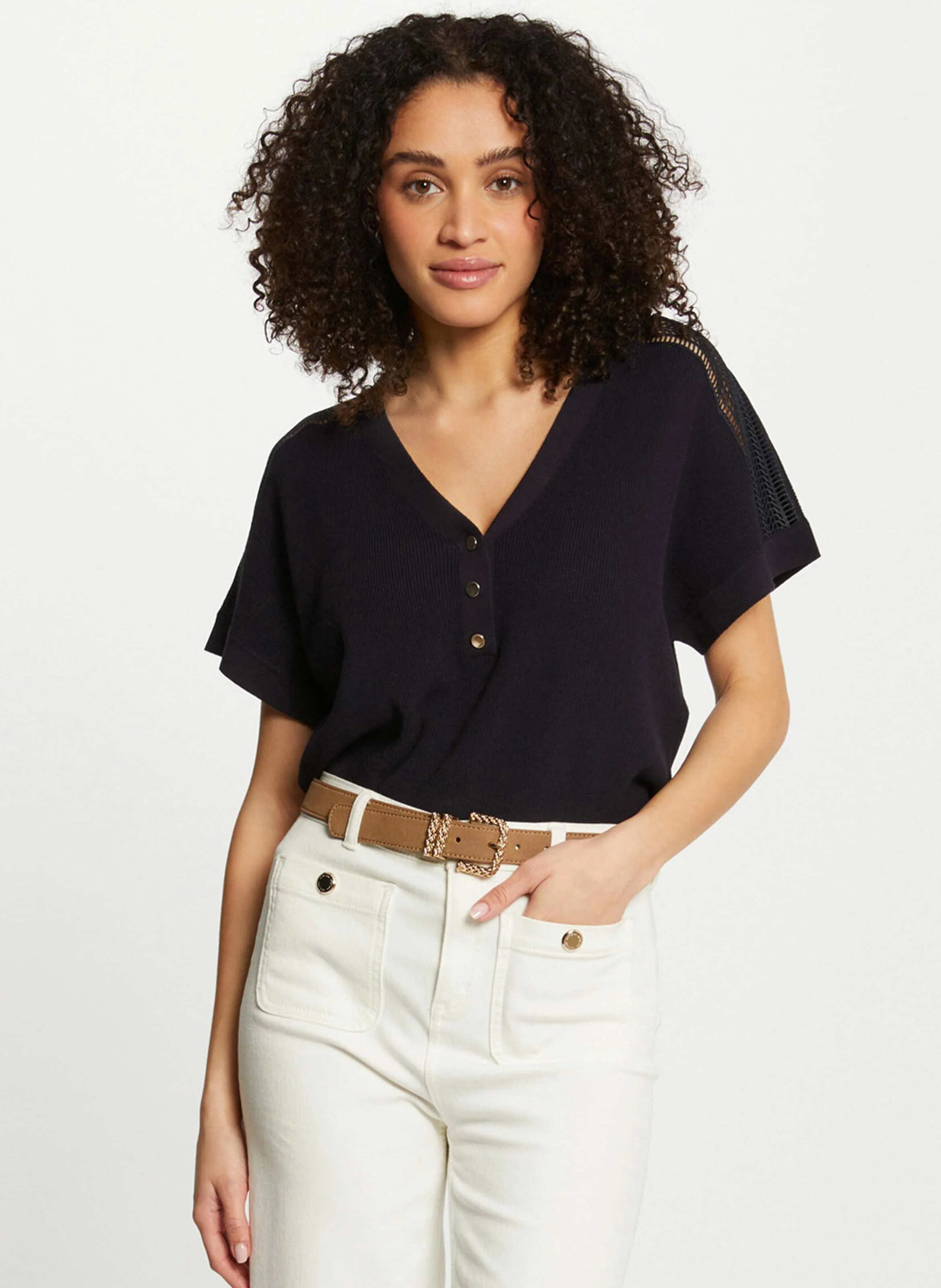 MARGE - Pull manches courtes à dentelle | Bleu