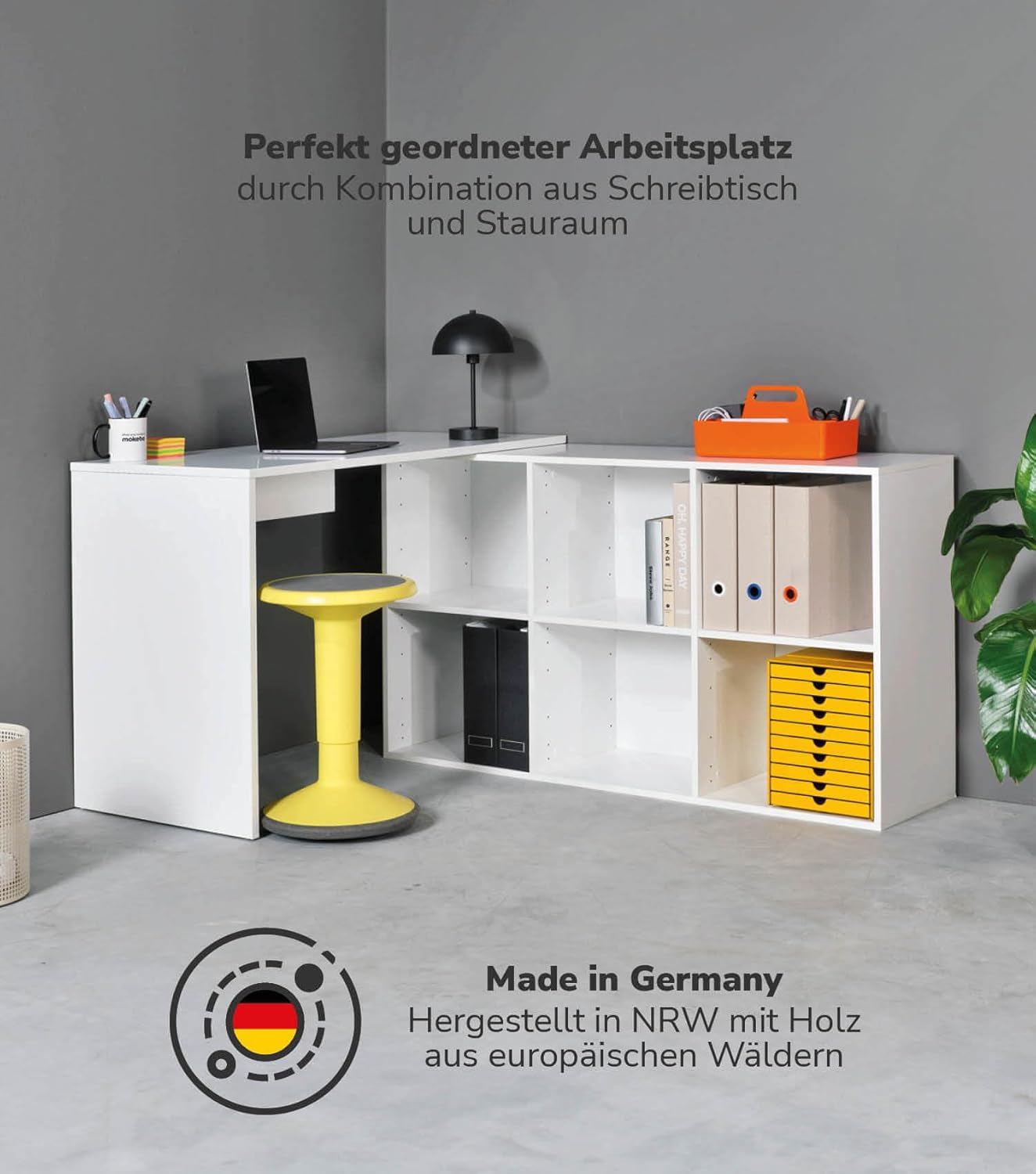 mokebo Eckschreibtisch klein in Weiß mit Stauraum 'Der Produktive', auch als Schreibtisch, Computertisch oder Arbeitstisch im Büro, Kinderschreibtisch oder Gaming Tisch in 112x77x54 (B/H/T in cm)