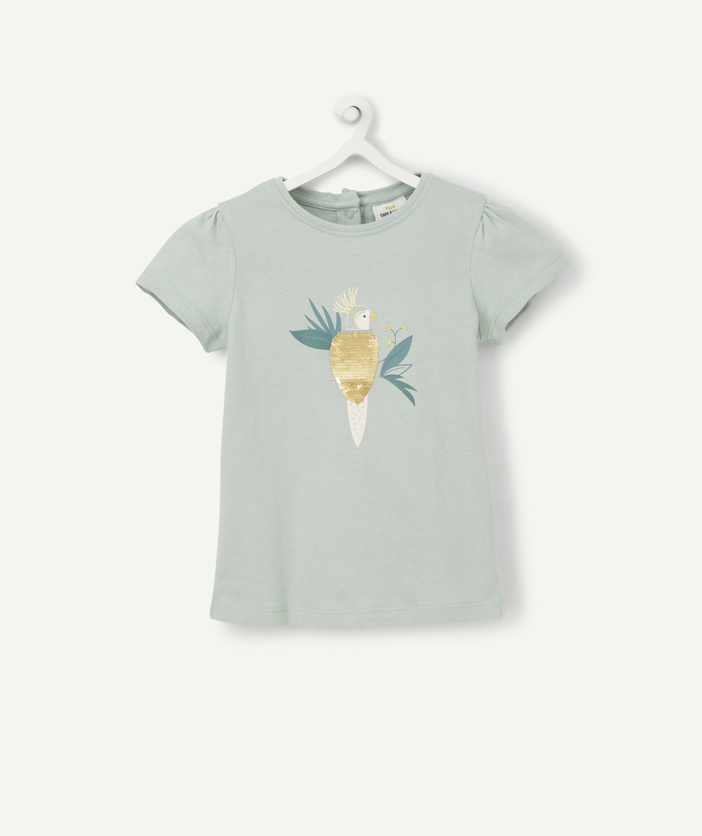 T-SHIRT BÉBÉ FILLE EN COTON BIOLOGIQUE VERT AVEC OISEAU À SEQUINS