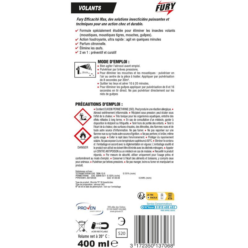 Insecticide Fury - tous volants - Aérosol de 400 ml