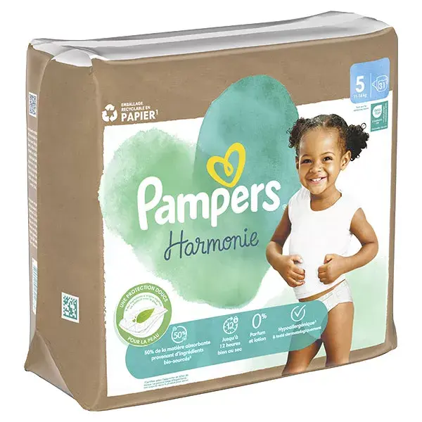 Fraldas Pampers Harmonie tamanho 5 (11-16 kg) com embalagem de papel reciclável