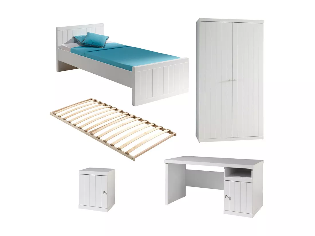 CLEO - Lit 90x200cm avec Sommier + Chevet + Armoire + Bureau