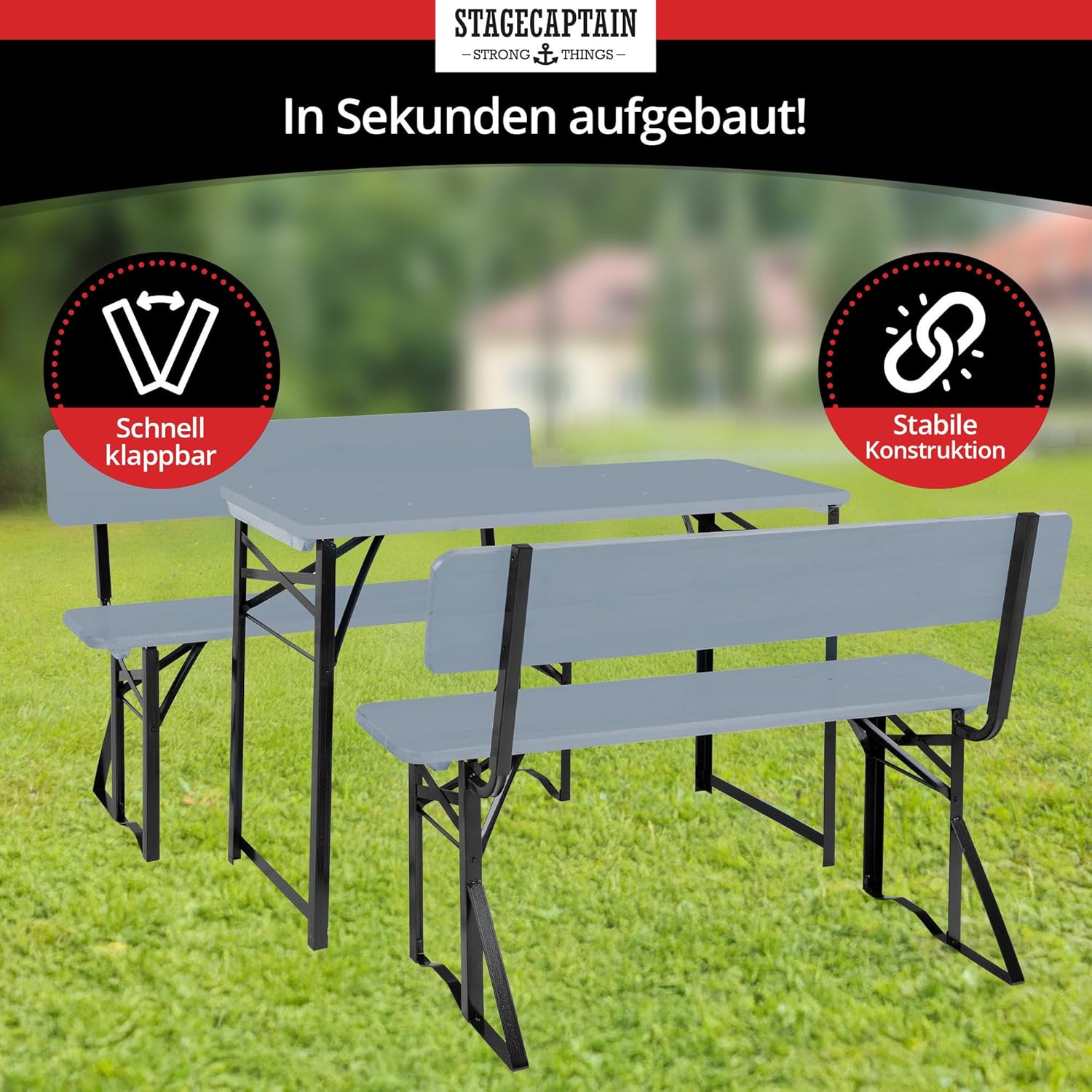Stagecaptain BBDL-119 GY Hirschgarten Bierzeltgarnitur mit Lehne für Balkon - 119 cm Länge - Klappbare Festzeltgarnitur 1x Tisch, 2X Bank - Holz Sitzgarnitur - Innen & Außenbereich - Grau