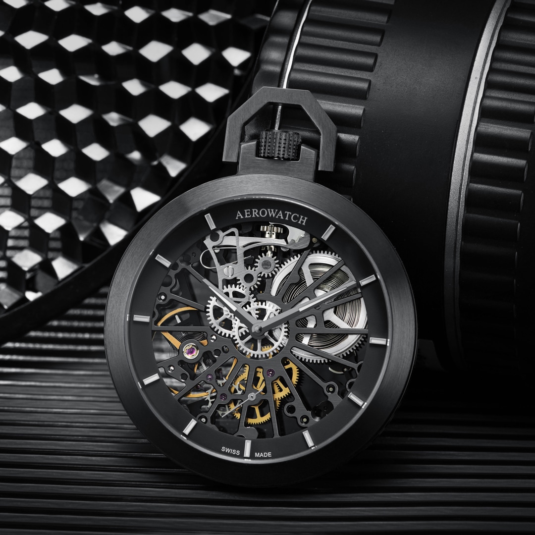 Aerowatch Taschenuhr Lépine Mechanical Skeleton Schwarz Ø 48mm