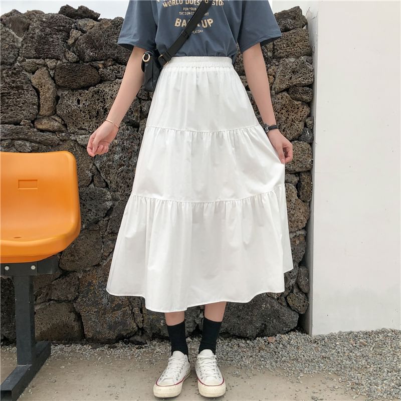 Honey River - Effen midi-A-lijn rok met elastische taille