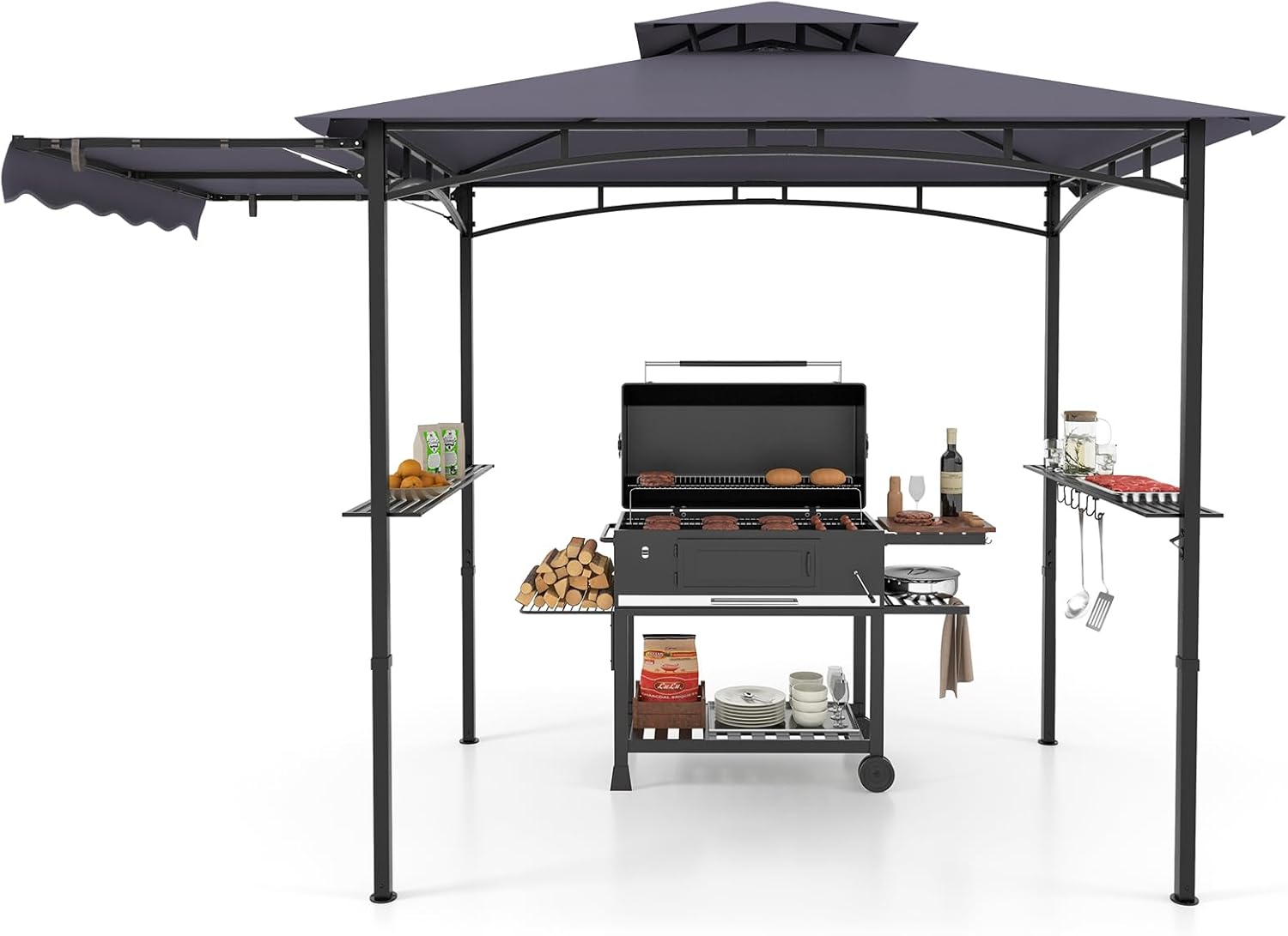COSTWAY Grillpavillon mit Seitenmarkise, Doppeldach, 2 Seitenregalen & Haken, Gartenpavillon BBQ Pavillon, Grillüberdachungen wetterfest, Grillunterstand Garten Partys, 318x153x250 cm (Dunkelgrau)