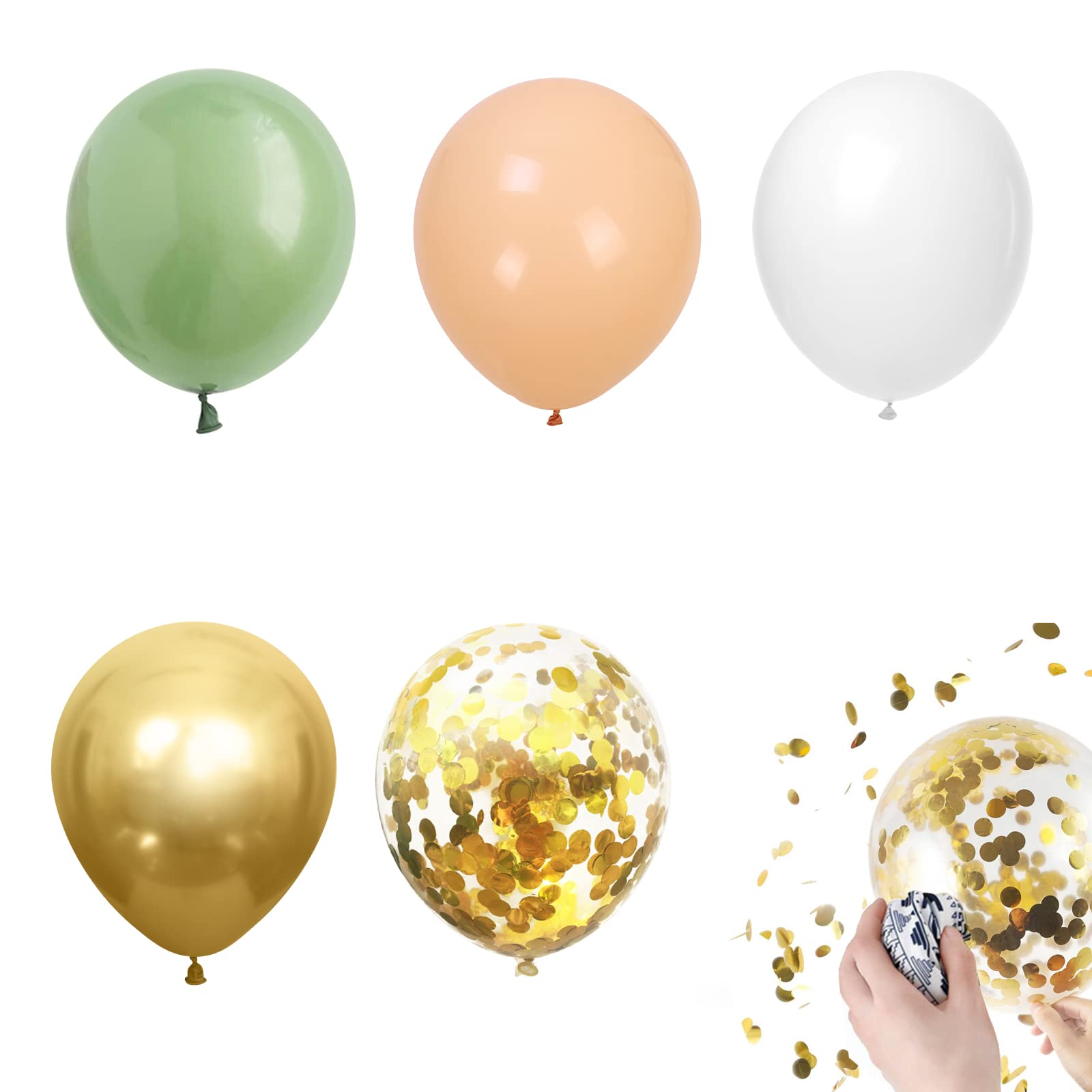 (60er Set) Ø30cm Party Deko Ballons Latex Luftballons mit Konfetti - Grün / Gold / Weiss / Nude