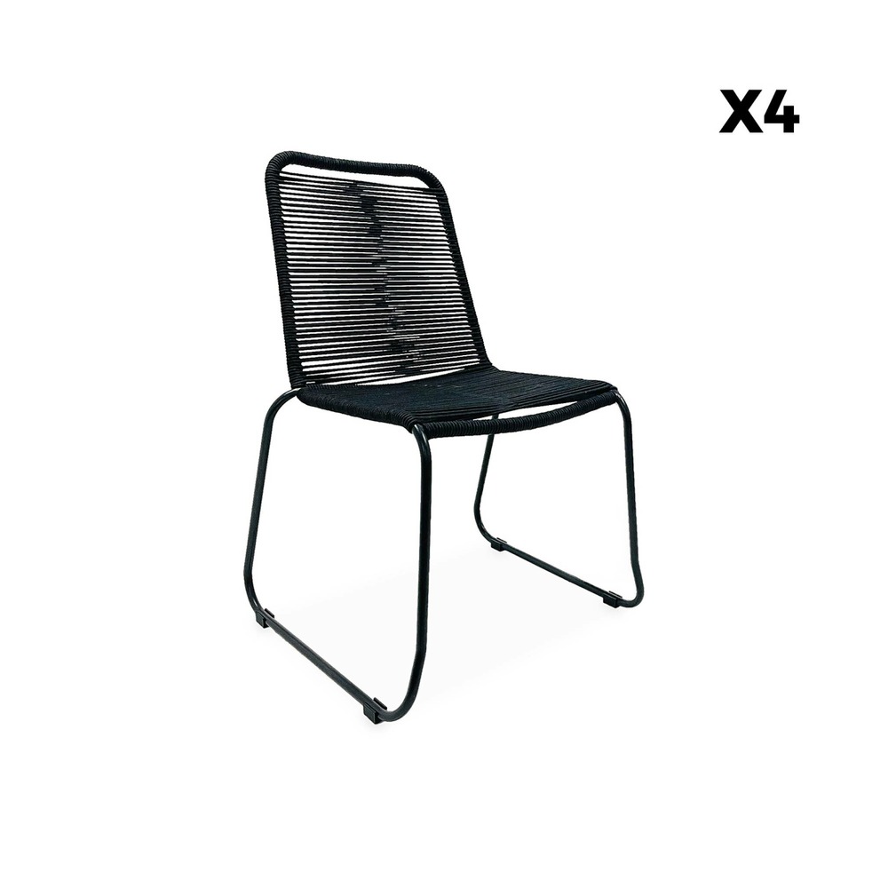 Table intérieur / extérieur santana en bois et métal. 150cm + 4 chaises en corde brasilia noires. Empilables
