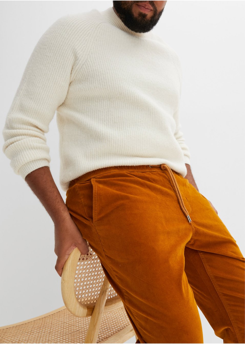 Pantalon taille extensible en velours côtelé légèrement raccourci Regular Fit, Straight