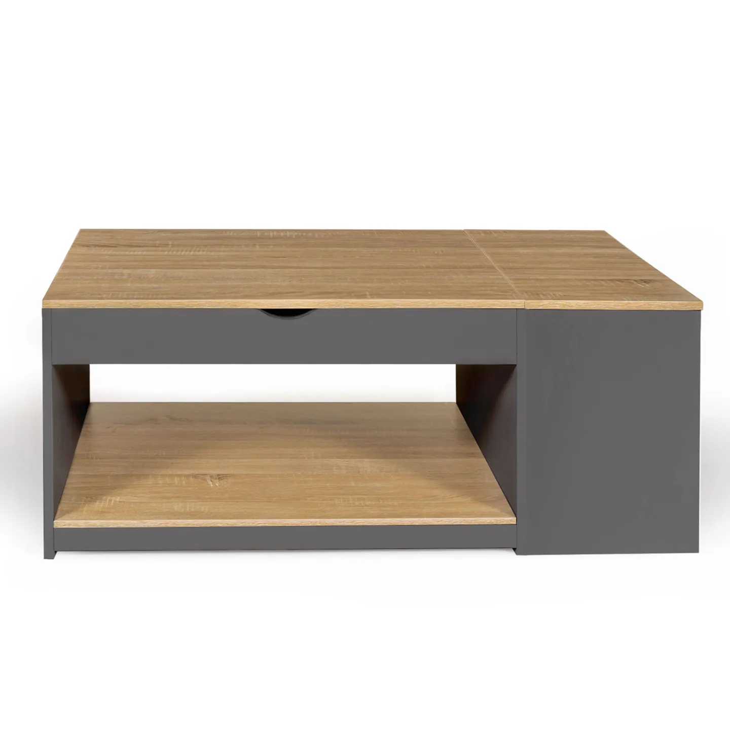 Table basse plateau relevable rectangulaire ELEA avec coffre bois gris et façon hêtre