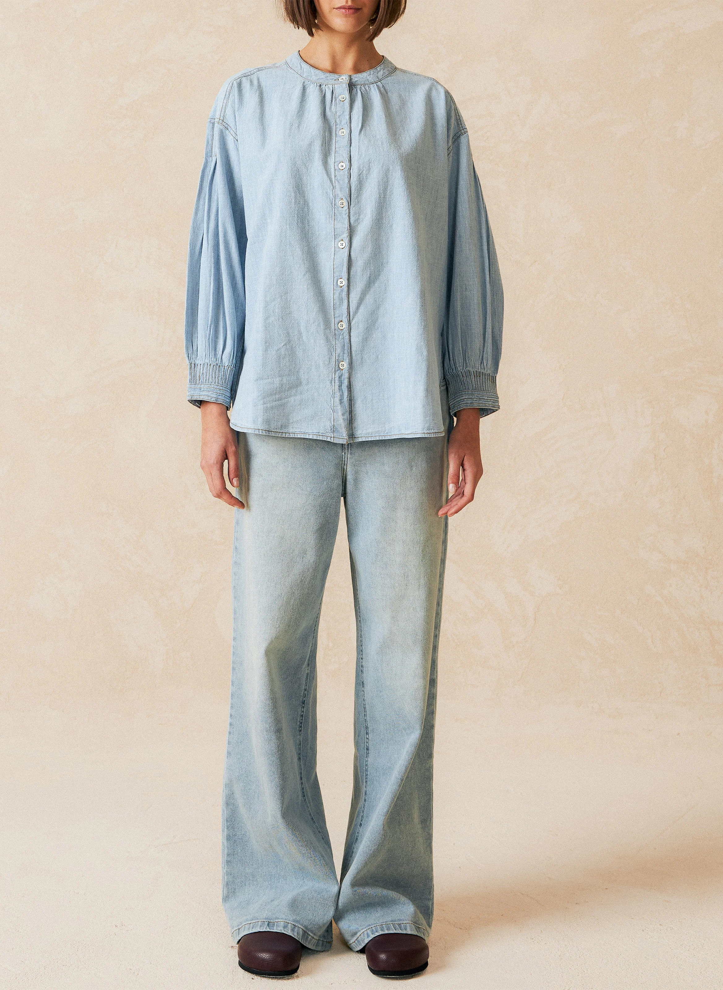 Chemise ample col rond en denim | Bleu