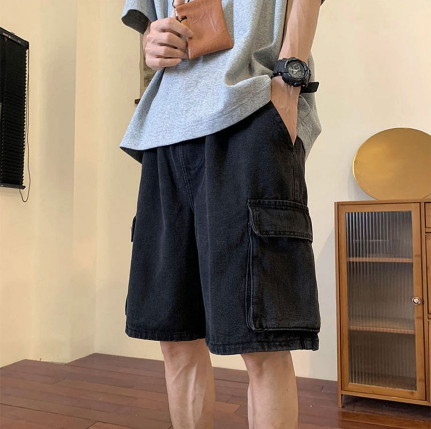 DuckleBeam - Mid Rise Washed Denim Cargo Shorts