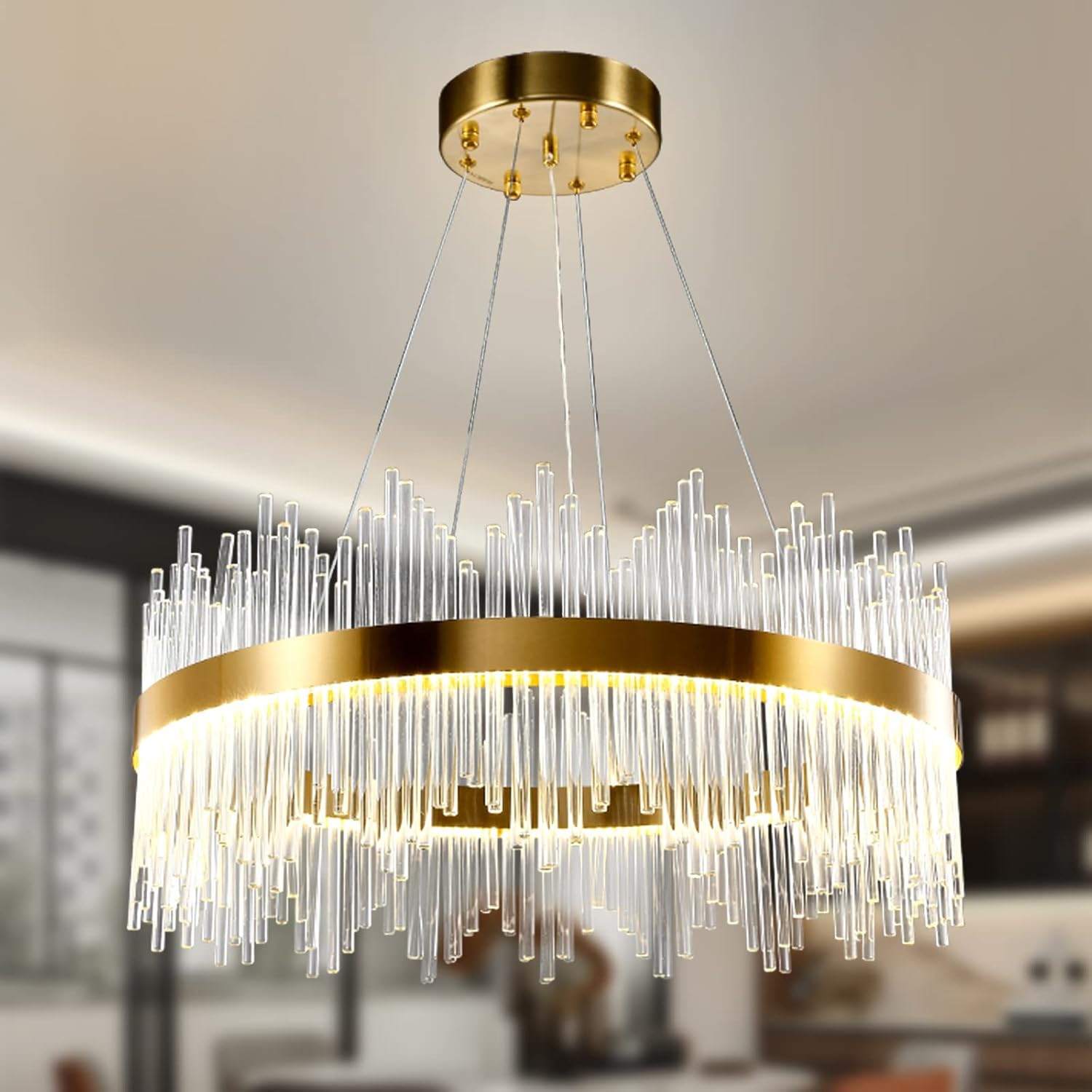Modern Kristall Pendelleuchte Gold Kronleuchter, Kristall Lampe Rund Hängeleuchte, Häengelampe für Wohnzimmer, Esszimmer,Schlafzimmer, Restaurant,Φ60cm