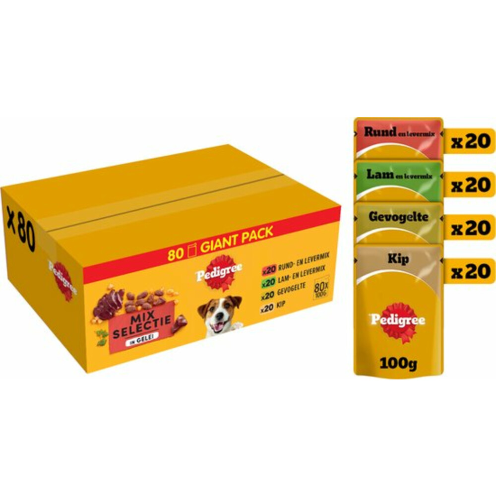 Pedigree Adult Hondenvoer Maaltijdzakjes Mix selectie in gelei80 x 100 gr