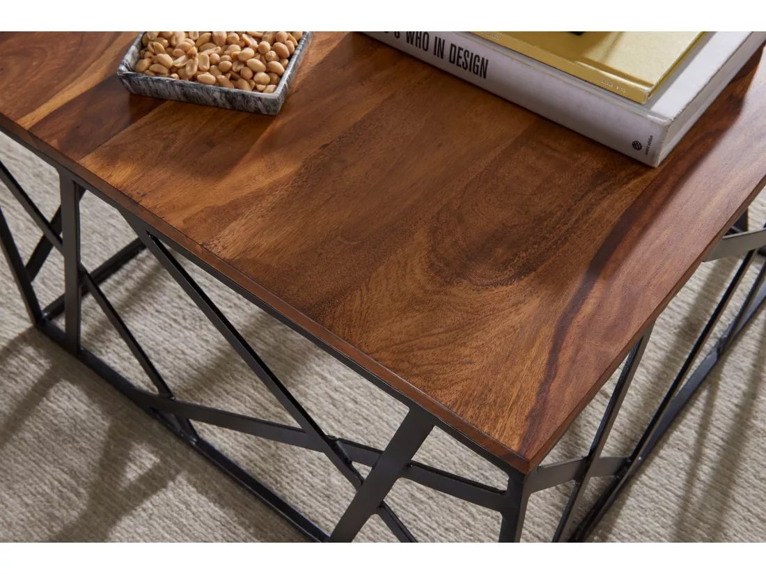 Table Basse Bois Massif Métal 60x35x60cm Table d'appoint Table de salon