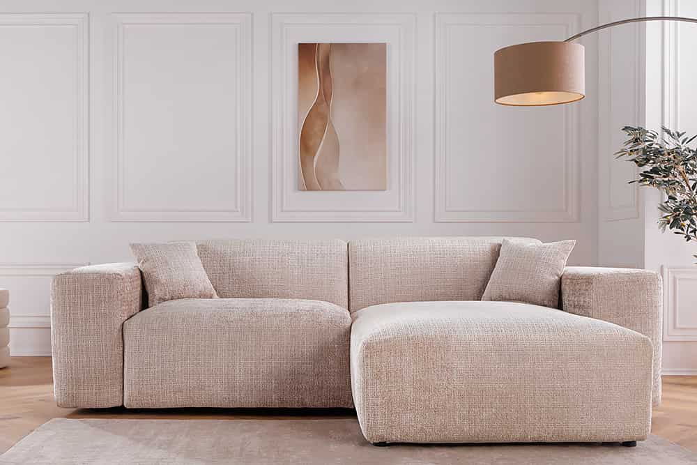 Modernes Ecksofa SIGNATUR 260cm beige Chenille Cremona beidseitig stellbar inkl. Kissen