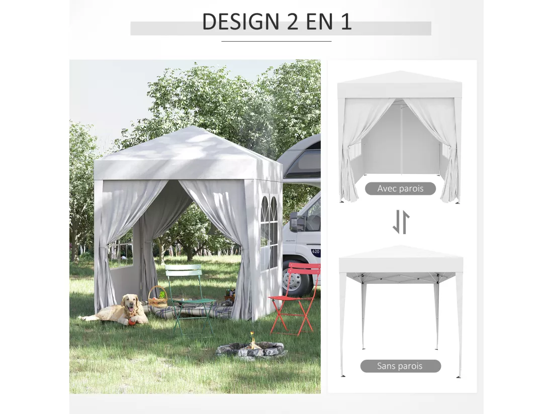 Tonnelle de jardin tente pliante barnum pop-up 2 x 2 m 4 parois latérales amovibles 2 fenêtres sac de transport blanc