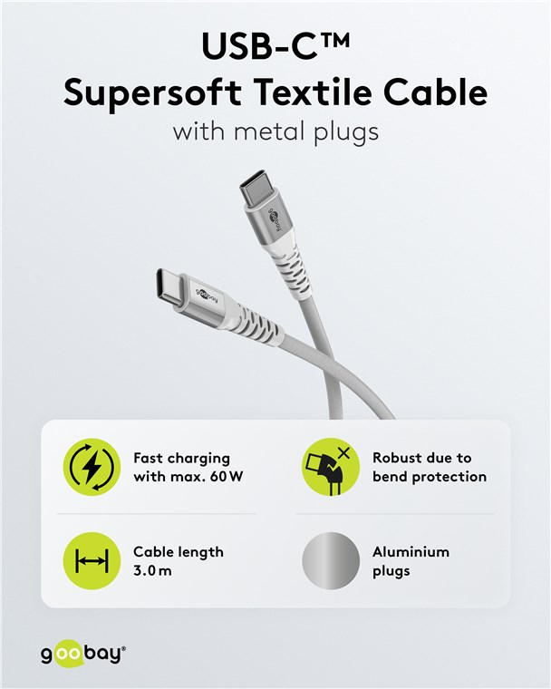 (3m) 60W USB C auf USB C Ladekabel Textil Datenkabel mit Metallstecker (70195) - Weiss