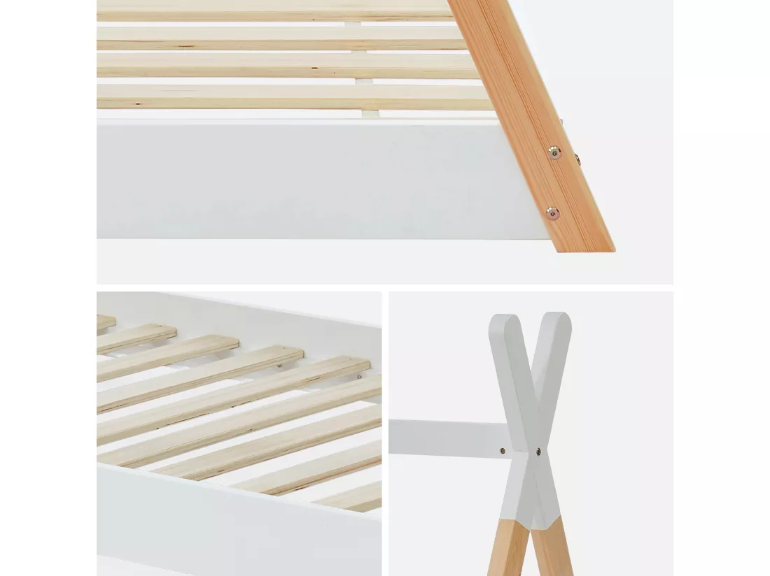 Lit Tipi en bois massif. pin naturel blanc - sommier inclus. 90x190cm - Tobias