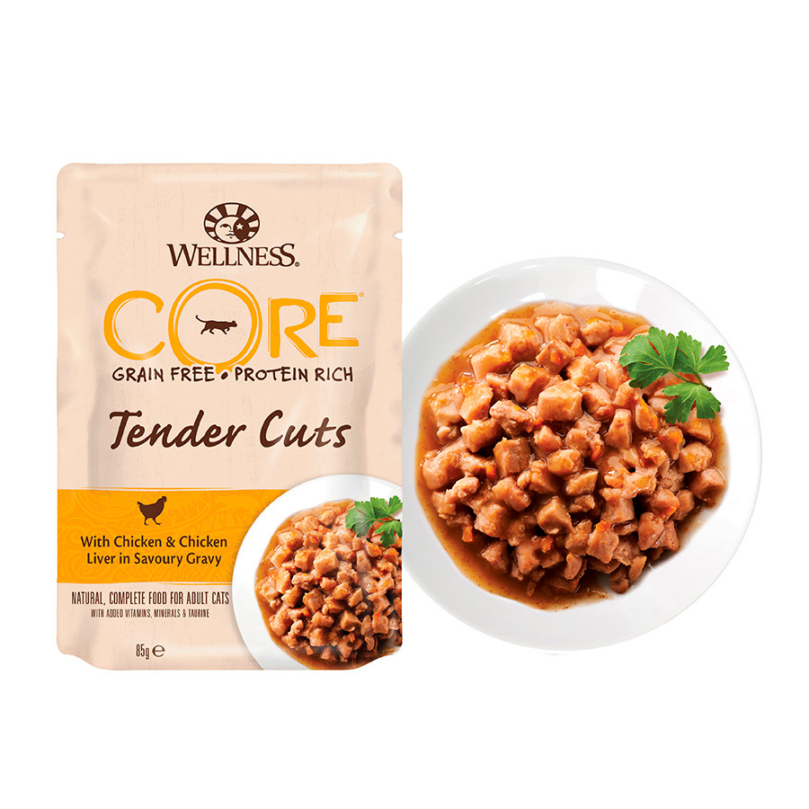 Sachê de 85g de pedaços macios de frango ao molho Wellness Core para gatos.