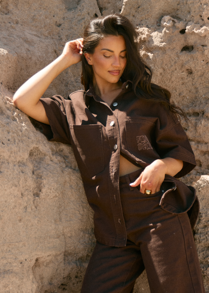 Oversized denim blouse korte mouw deep choco