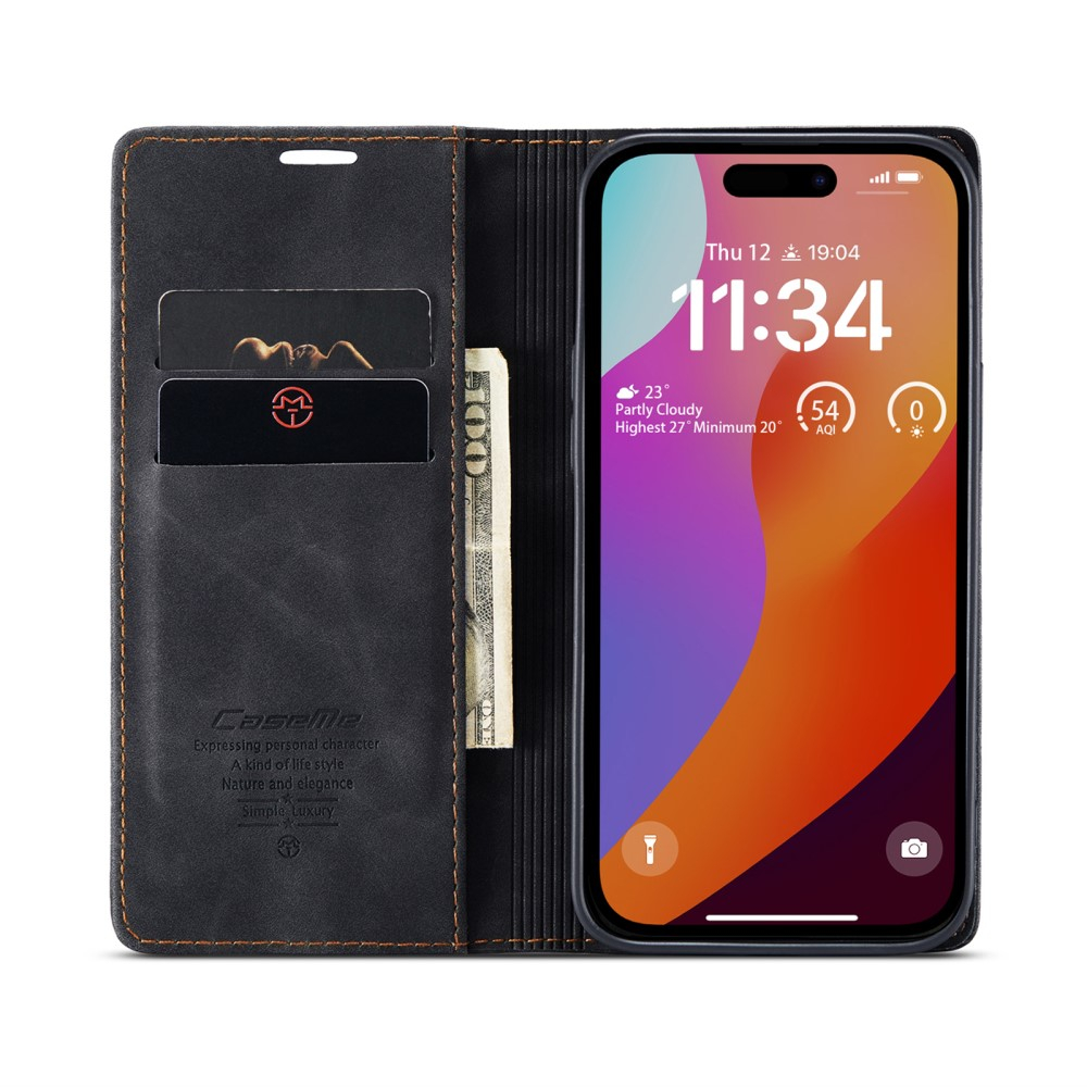iPhone 16 Pro Leder Tasche Flip Wallet Etui mit Kartenfächern - Schwarz