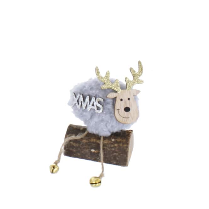 Rentier auf Stamm sitzend - XMAS - aus Textil und Holz - ca. 7 x 4 x 11 cm