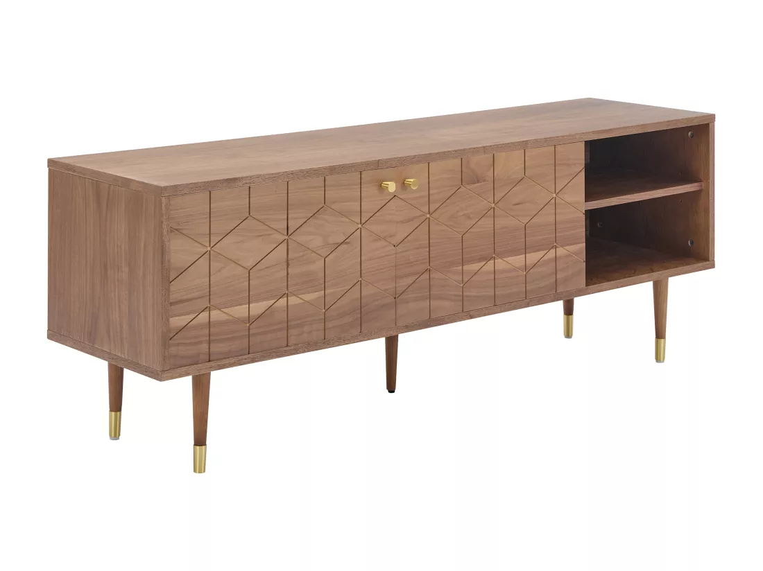 Meuble TV avec 2 portes et 2 niches placage noyer - Naturel et doré - PARIOMA