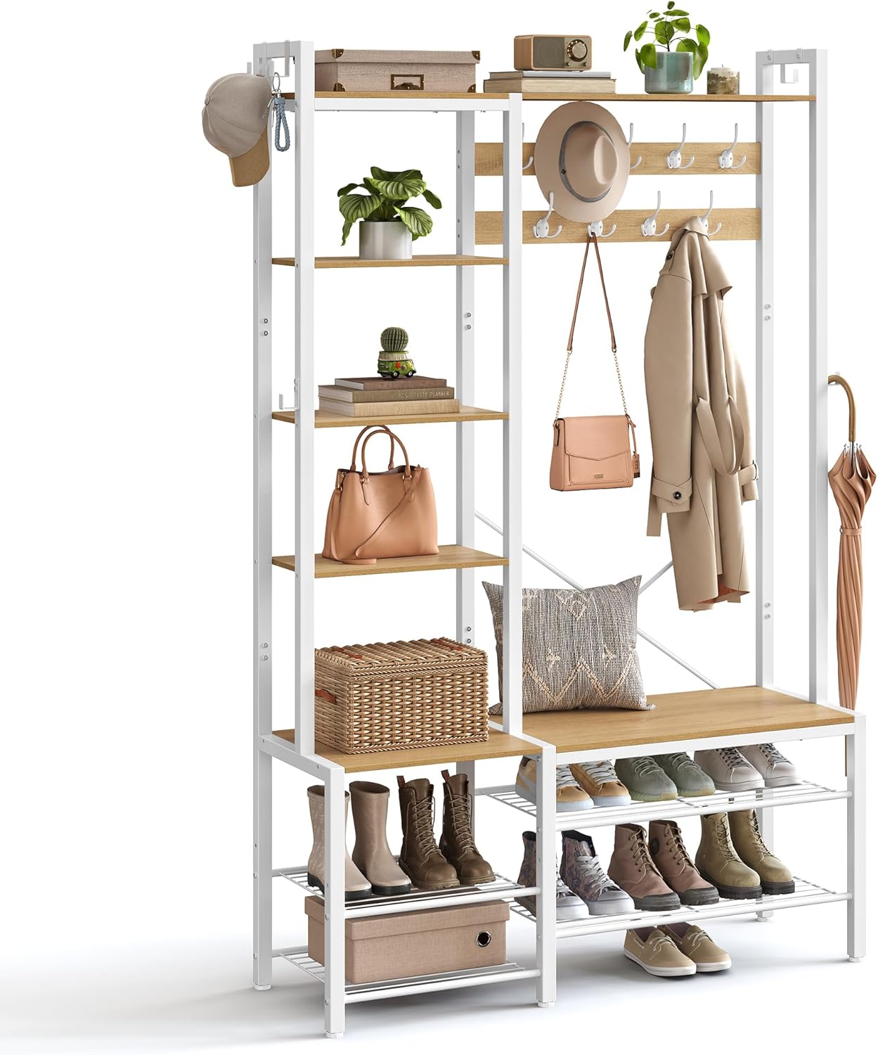 VASAGLE Garderobenständer mit Schuhbank, Garderobe, 5 Regalebenen aus Spanplatten, 9 Dreifach-Haken, 6 seitliche Haken, 40 x 120 x 190 cm, goldeichenfarben-wolkenweiß HSR426Y01