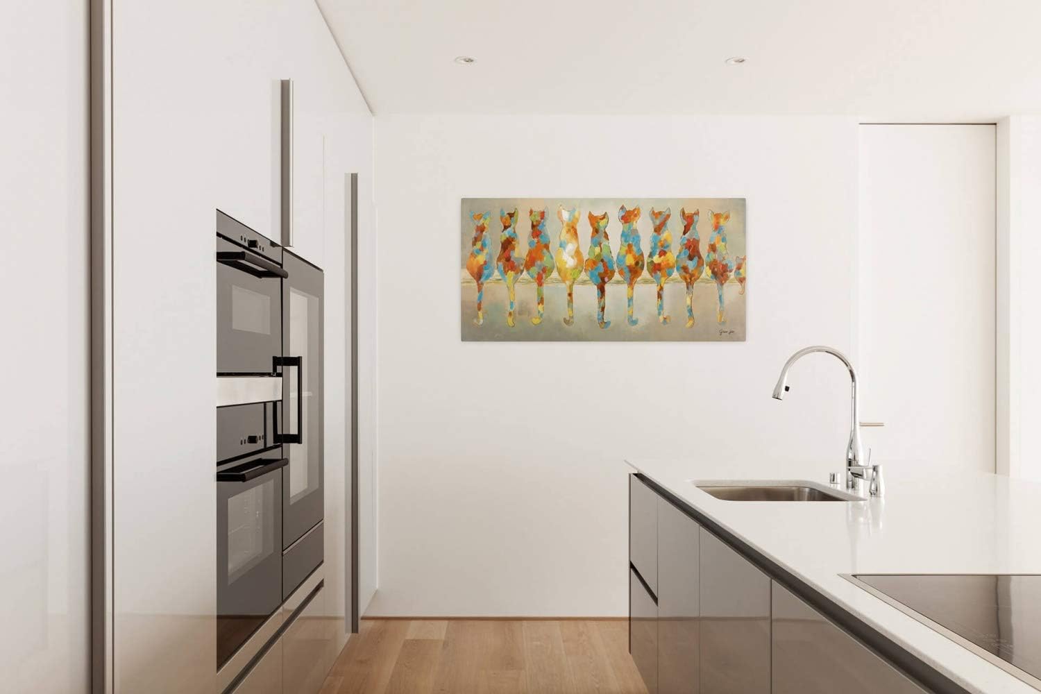 KunstLoft Leinwandbild | 100% HANDGEMALT | 120x60cm | Gemälde 'Wartende Grazien' | Katze | Bunt | Wandbild Wohnzimmer