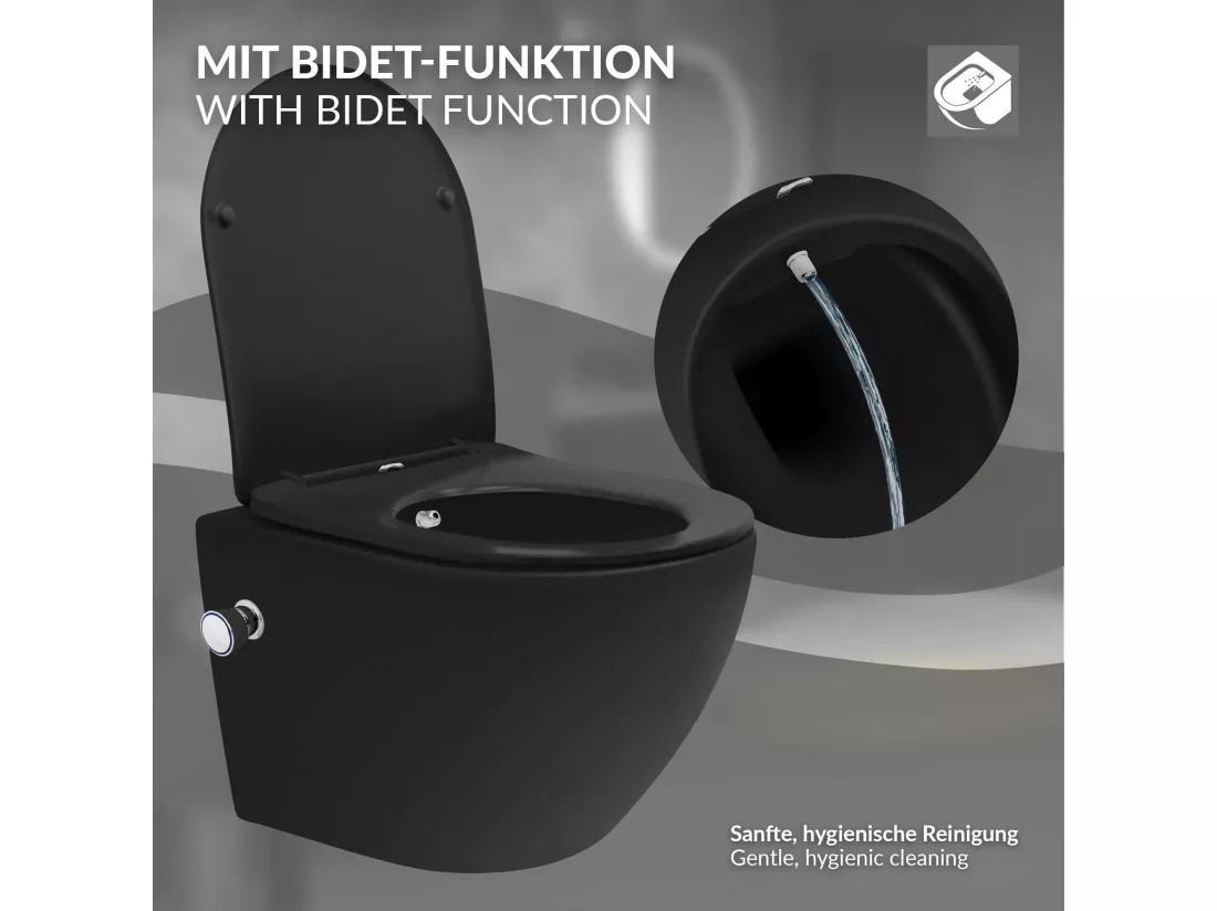 WC suspendu chasse d'eau tornado nano fonction bidet noir mat siège Softclose