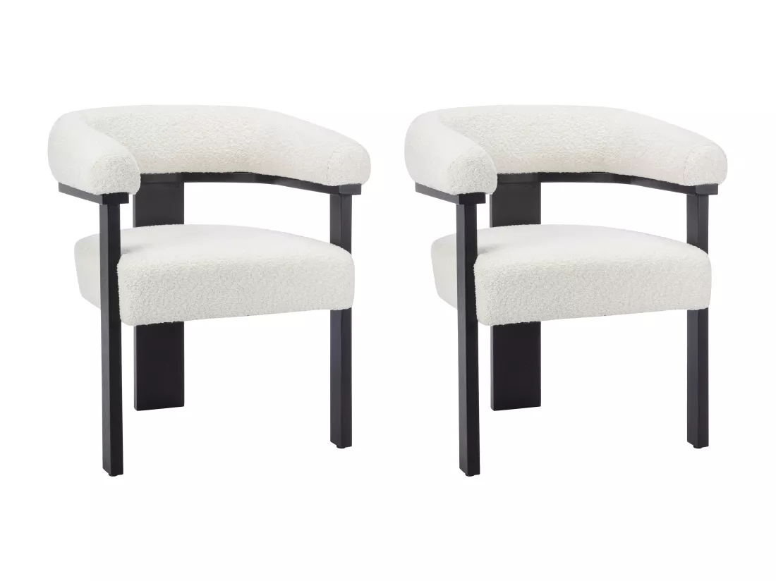 Lot de 2 chaises avec accoudoirs en tissu bouclette et bois d'hévéa noir - Blanc - LIVELIA de Pascal MORABITO