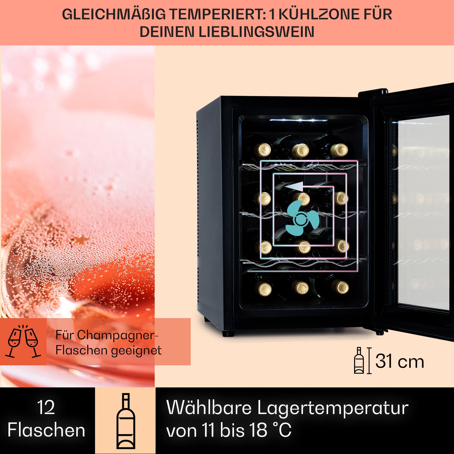 Barolo 12 Uno Weinkühlschrank 37 Ltr 12 Flaschen 11-18°C SingleZone