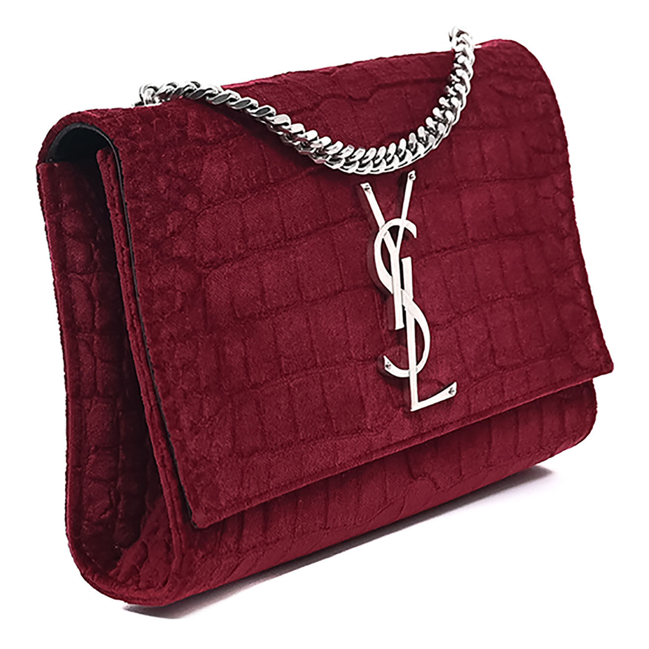 Saint Laurent Sac bandoulière Wallet on Chain Sunset en Velours embossé croco bordeaux - Très bon état - L.20 cm