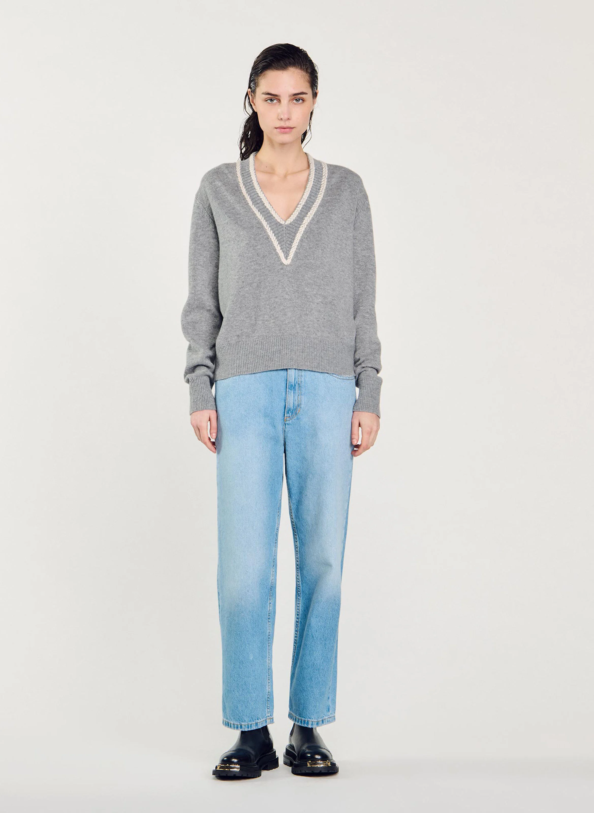 Pull col V en laine et cachemire | Gris