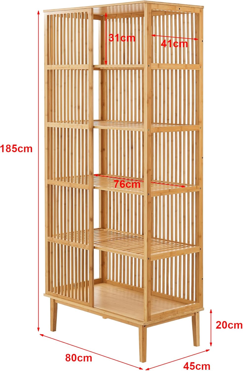 [en.casa] Standregal Trundholm Badregal mit 5 Ablagen freistehend aus Bambus Aufbewahrungsregal 185 x 80 x 45 cm für Wohnzimmer Flur Küche