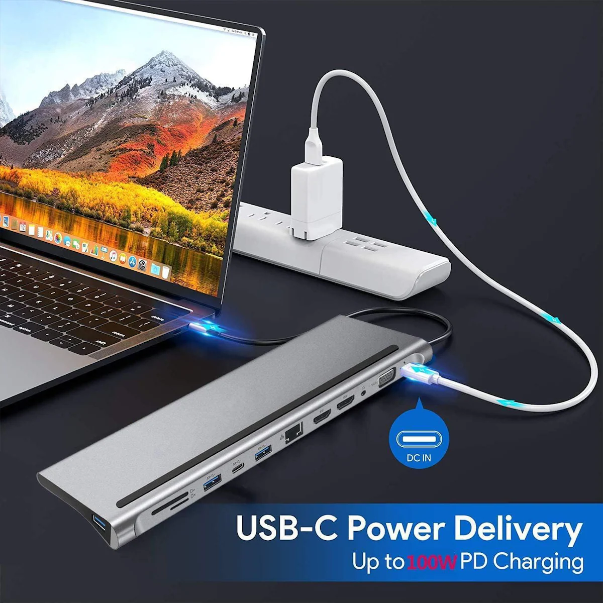 NÖRDIC 1 til 12 USB-C-dokkingstasjon for trippelskjermer 2xHDMI 4K30Hz, 1xVGA, USB-C PD 100W, Thunderbolt 3 & 4