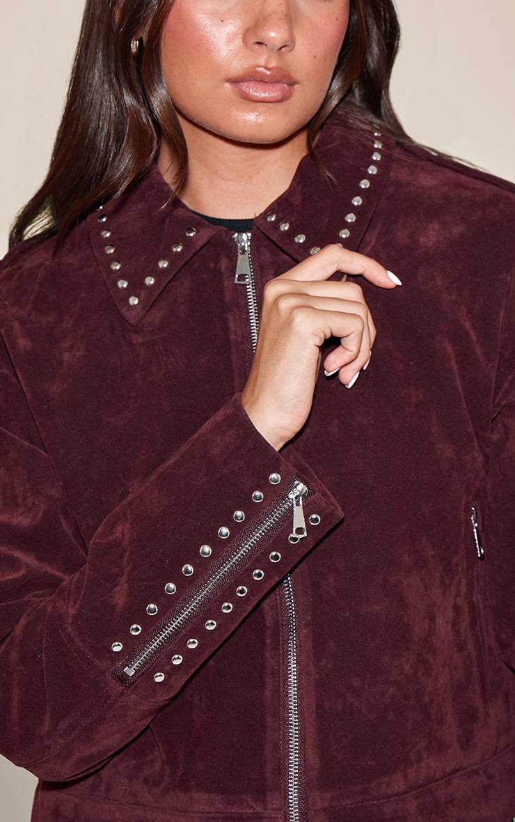 Rouge Bordeaux Veste Zippée En Faux Suède À Détails Cloutés