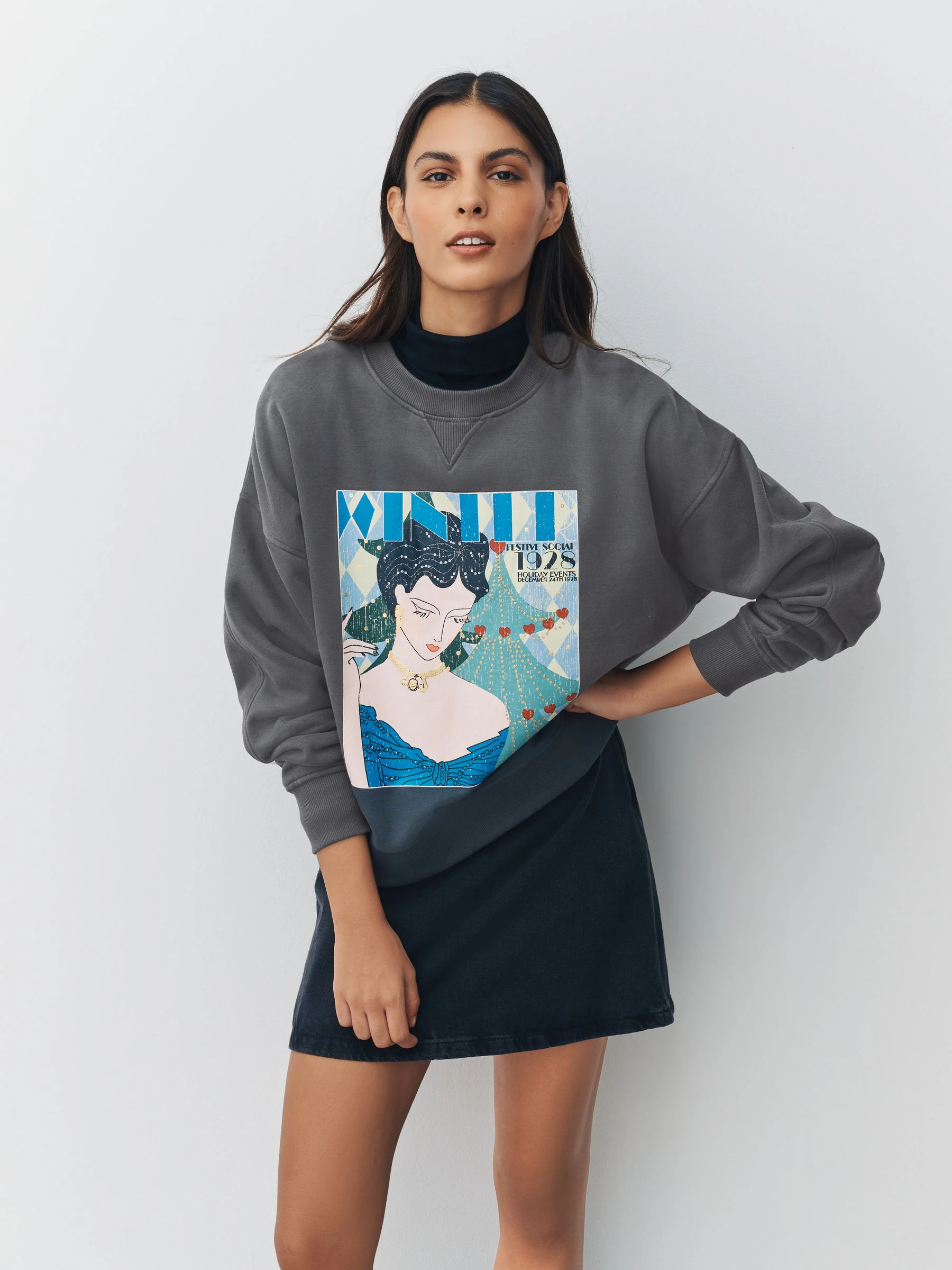 Antraciet - Cotton Rich Kerstmis Seizoensgebonden Grafisch Vintage Magazine Longsleeve Crewneck Sweatshirt met ronde hals