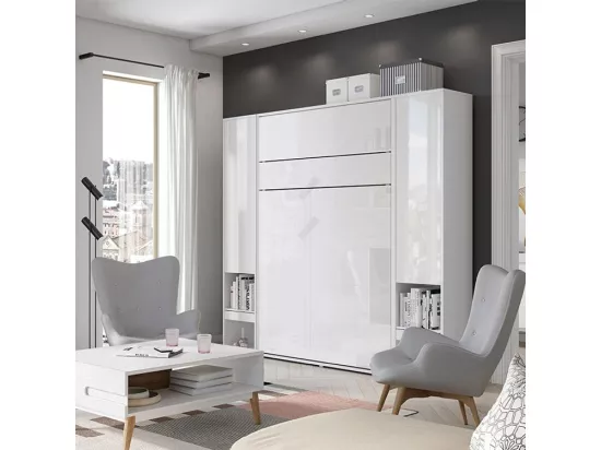 Lit escamotable horizontal avec étagères blanc brillant Noby 90x200-Avec Led sans veilleuses