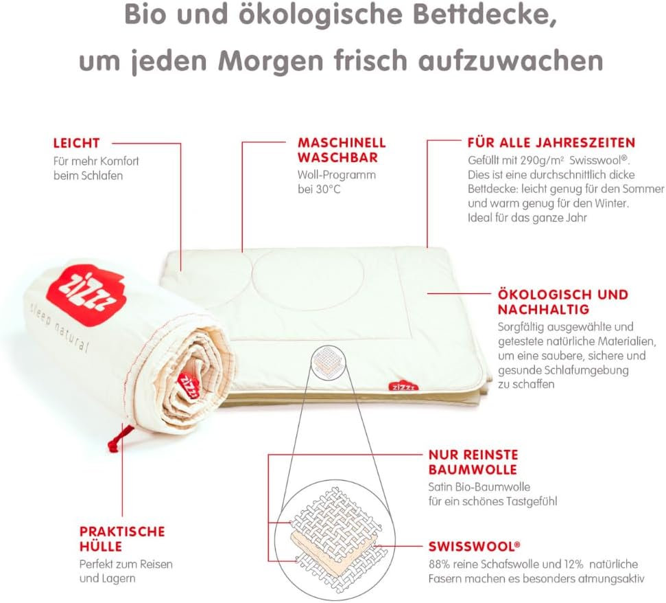 Schafwolldecke - Bettdecke aus Bio Baumwolle - 4 Jahreszeiten - Verschiedene Größen - Atmungsaktiv & weich - Woll Bettdecke mit Swisswool Füllung (290g/m2) - Hochwertiges Ganzjahr Duvet