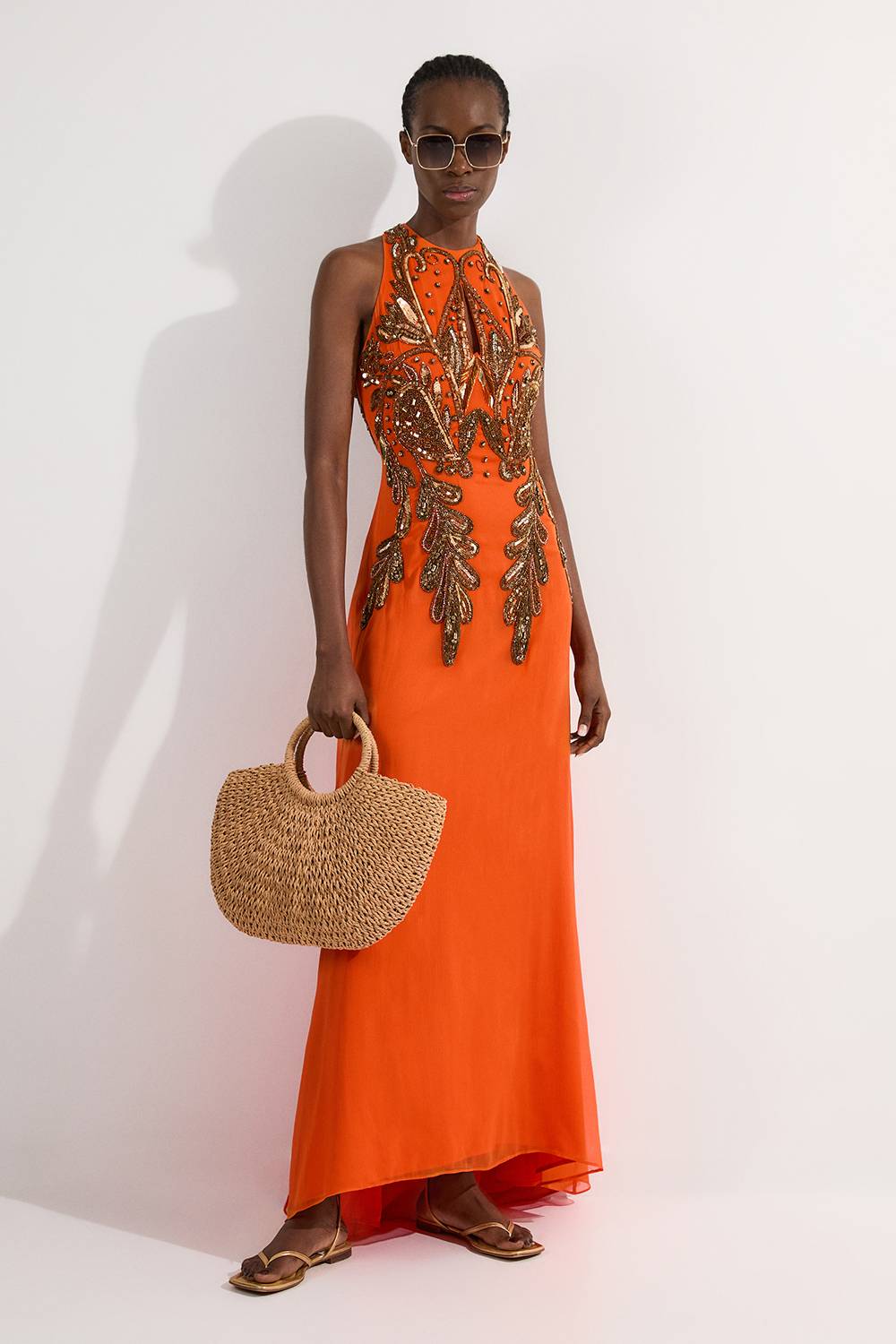KarenMillen Robe maxi tissée longue à encolure halter avec détails de perles bugle