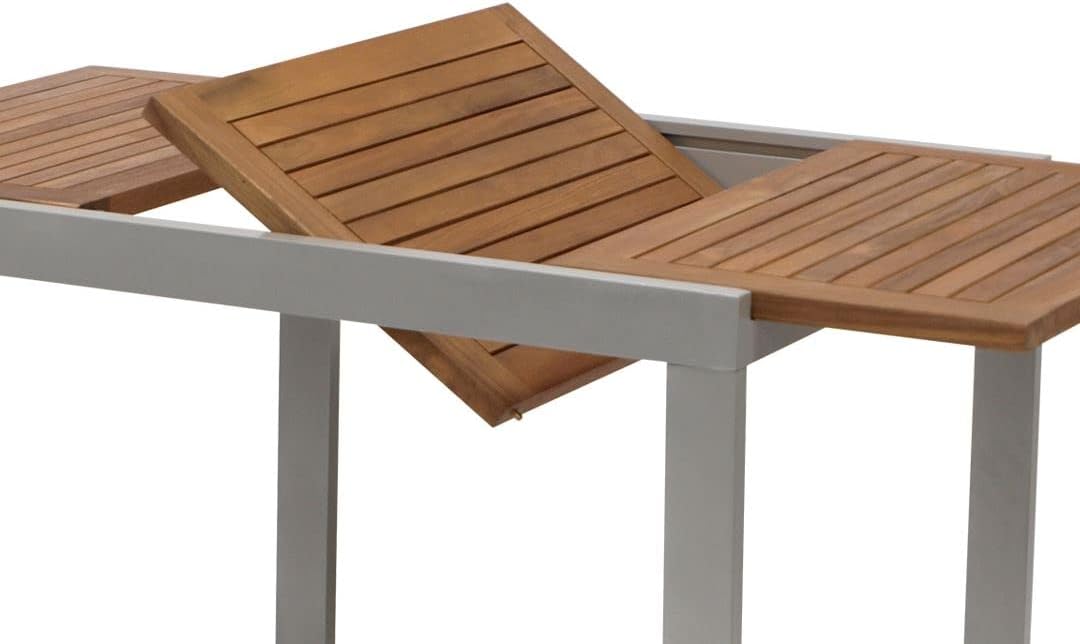 Balkon Ausziehtisch Naxos 80/120x70cm, Aluminium Silbergrau + Akazie braun geölt, witterungsbeständig