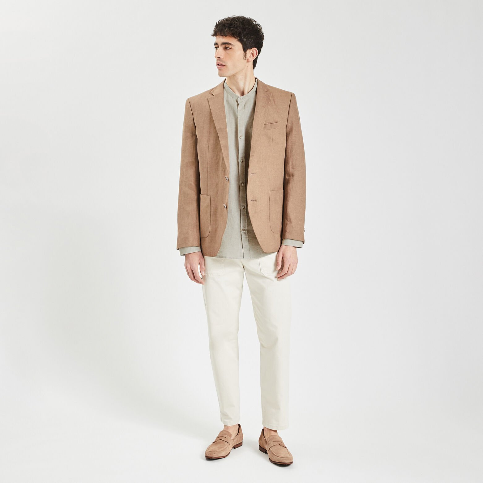 Chemise regular col mao unie lin Beige