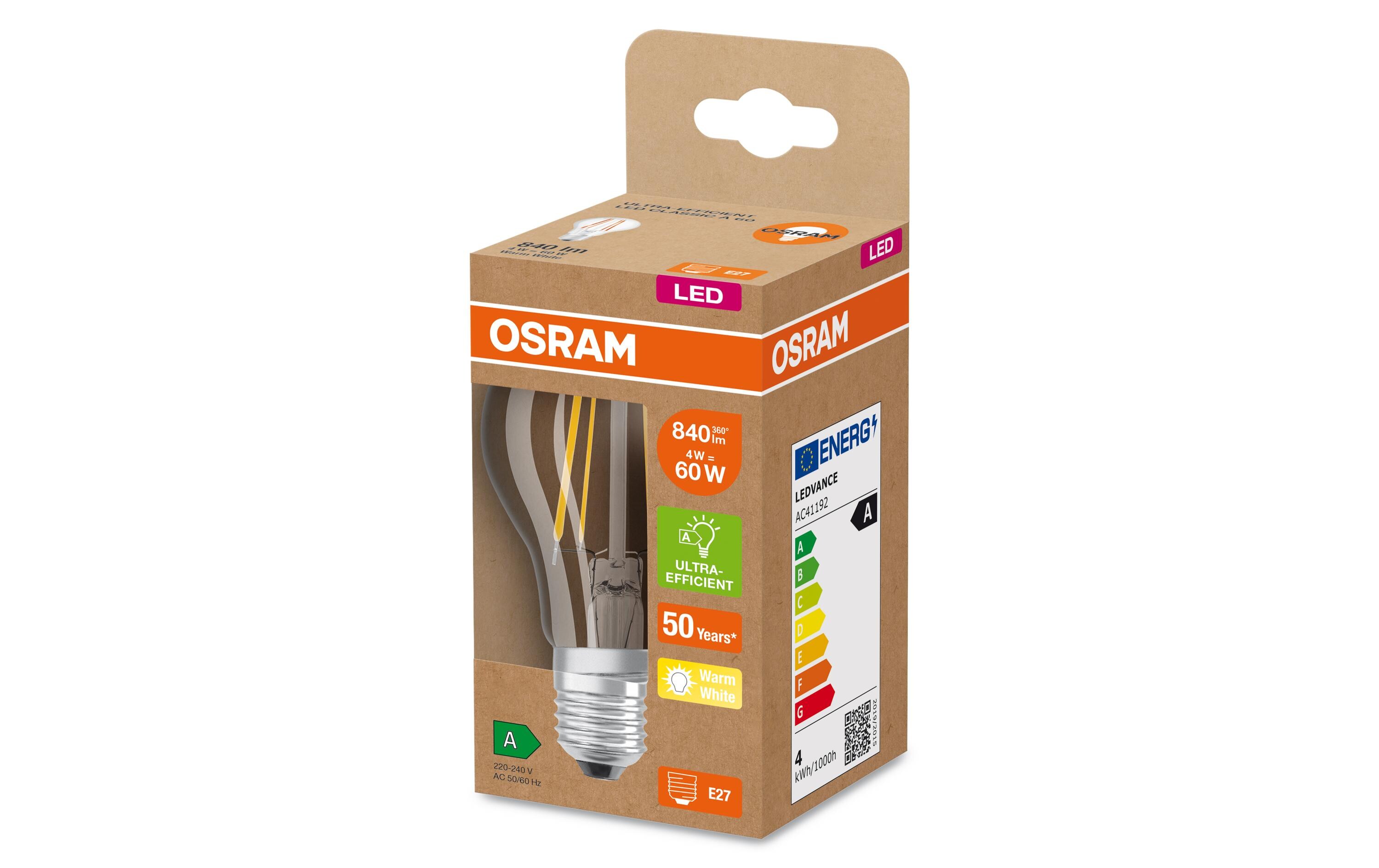 Lampe Clas A 60 CL, 4W, E27, Fil, WarmweissLED-Lampen, klassische Kolbenform